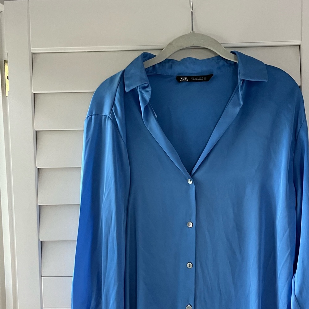 Zara Women’s Satin Button-Down Work Shirt – Blue, Size S